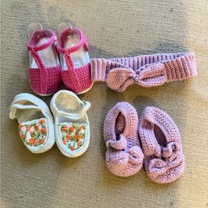 Charming Pink and Purple Knitted Baby Shoe and headband Sets